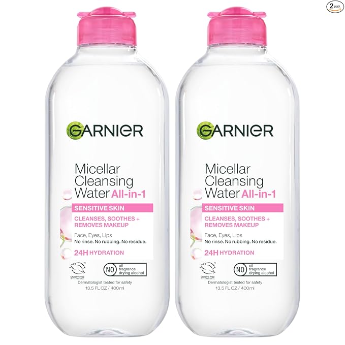Agua micelar Garnier, limpiador facial hidratante y desmaquillante, adecuada para pieles sensibles, vegana, sin crueldad animal, 13.5 fl oz (400mL), 1 unidad
