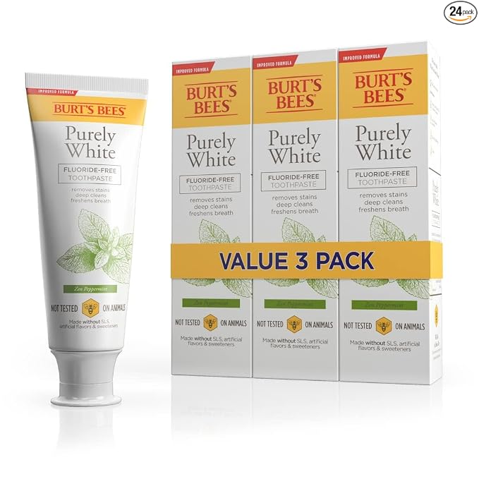 Burt's Bees Pasta de dientes, sabor natural, sin flúor, puramente blanca, menta zen, 4.7 onzas, paquete de 3