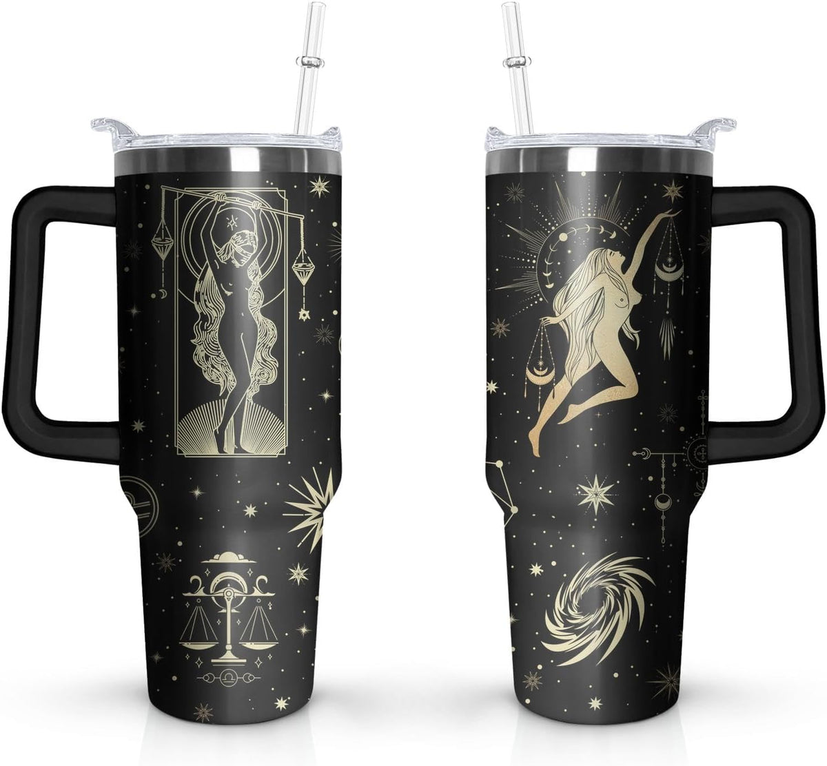 Sunmdecor Vaso de 40 onzas con asa y pajitas de silicona, vaso aislado de café con asa, vaso de 40 onzas con asa