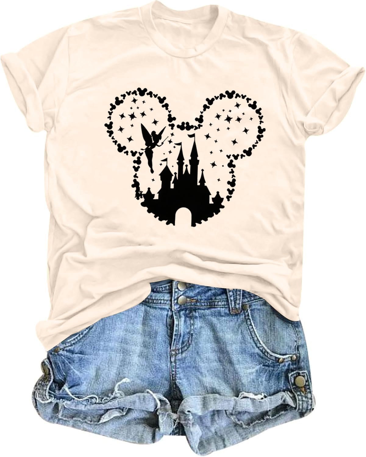 Camiseta de manga corta con diseño de castillo mágico para mujer, diseño de hadas, informal, para vacaciones, vacaciones
