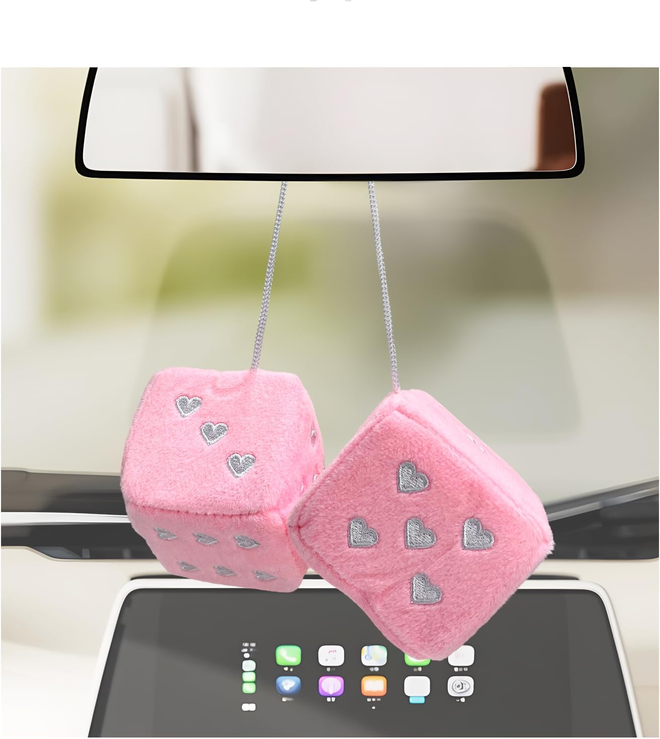 Par de dados de felpa mullidos para espejo de automóvil, dados de 3 pulgadas para colgar de pareja con patrón de forma de corazón, adorno cuadrado retro para espejo retrovisor para mujeres y