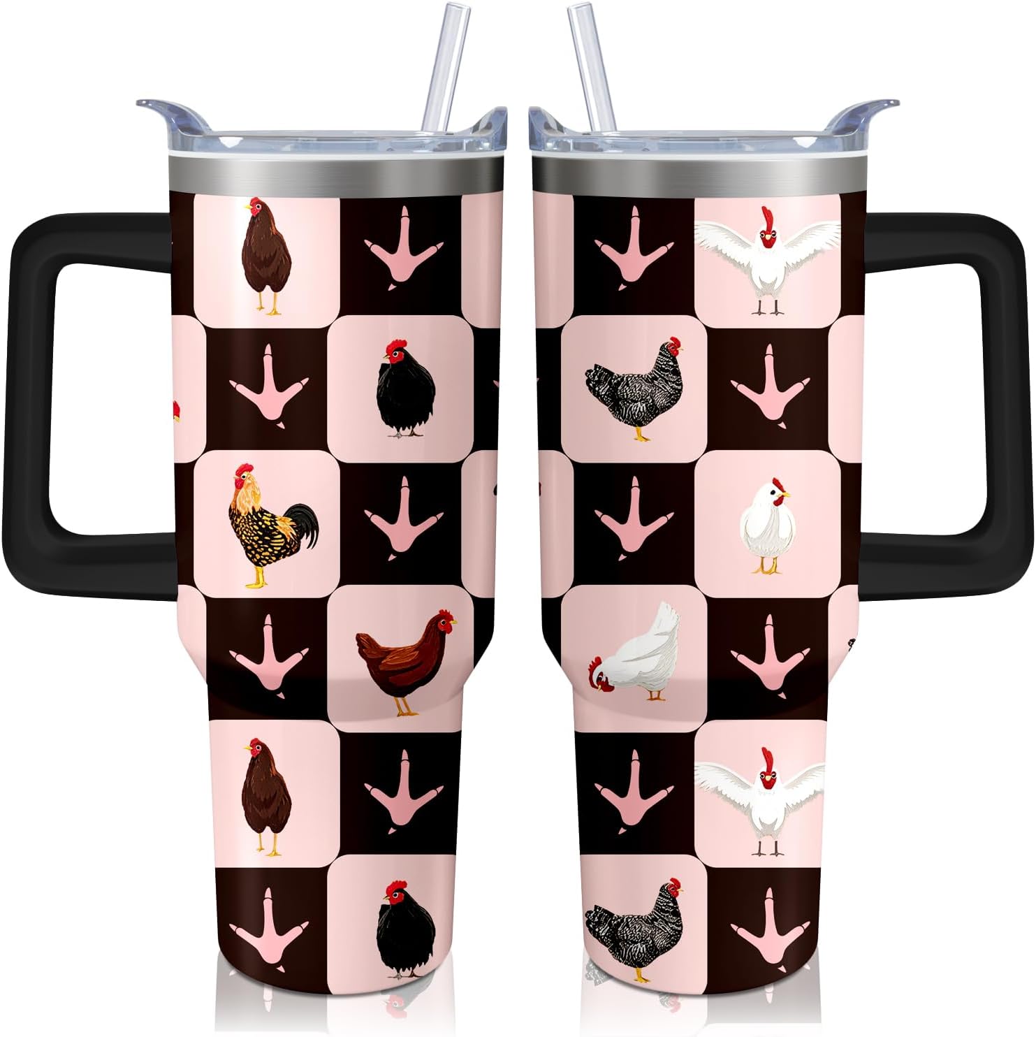 Vaso de rana de 40 onzas con asa y pajilla, taza aislada de acero inoxidable a cuadros búfalo con tapa, taza de café de viaje, botella de agua, regalos de cumpleaños para el día de la madre