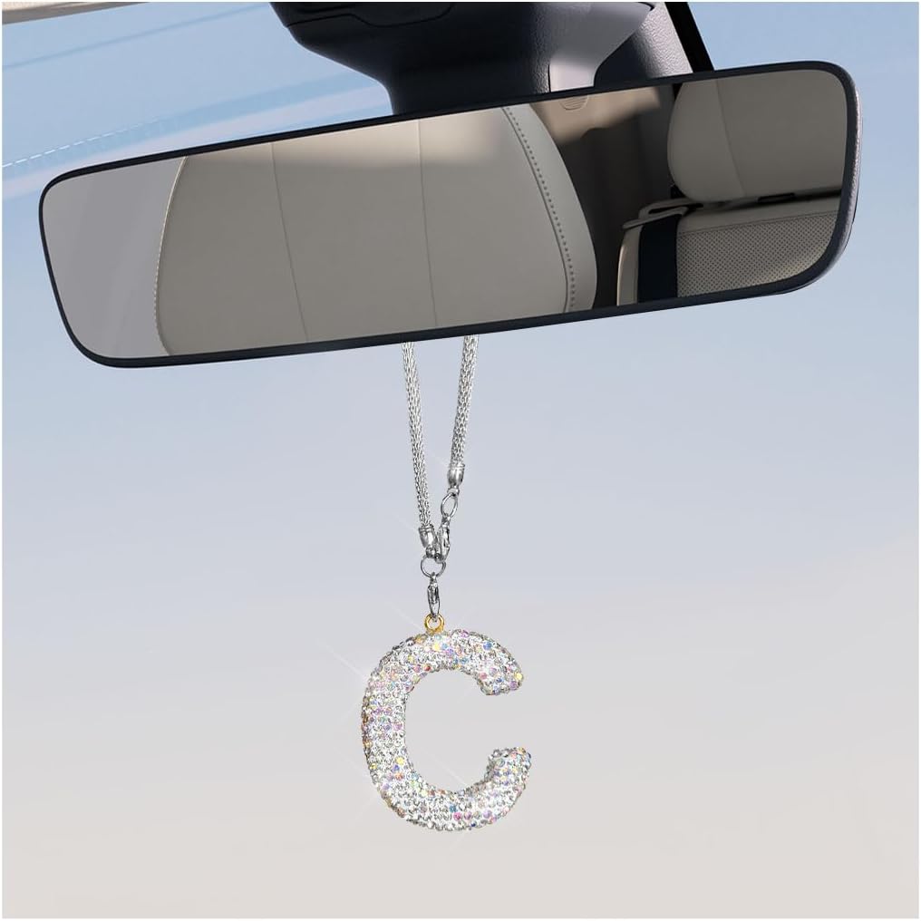 Adorno Inicial Brillante para Espejo Retrovisor de Automóvil, Bonito Colgante de Letra de Cristal, Colgador de Retrovisor de la Suerte, Accesorios para Colgar Espejo Automotriz, Decoración