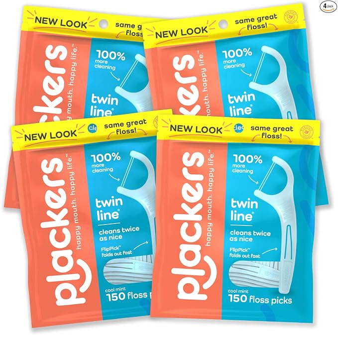 Plackers Twin Line - Púas de hilo dental de doble línea, fácil almacenamiento, sabor a menta fresca, 300 unidades
