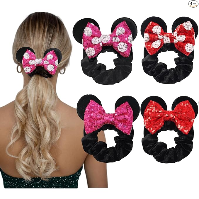 Paquete de 6 Coleteros con Orejas de Ratón, Lazos de Terciopelo con Lentejuelas Brillantes, Bandas Elásticas de Goma para Coletas, Lazos para el Cabello, Decoración para Fiesta de Navidad para Niños