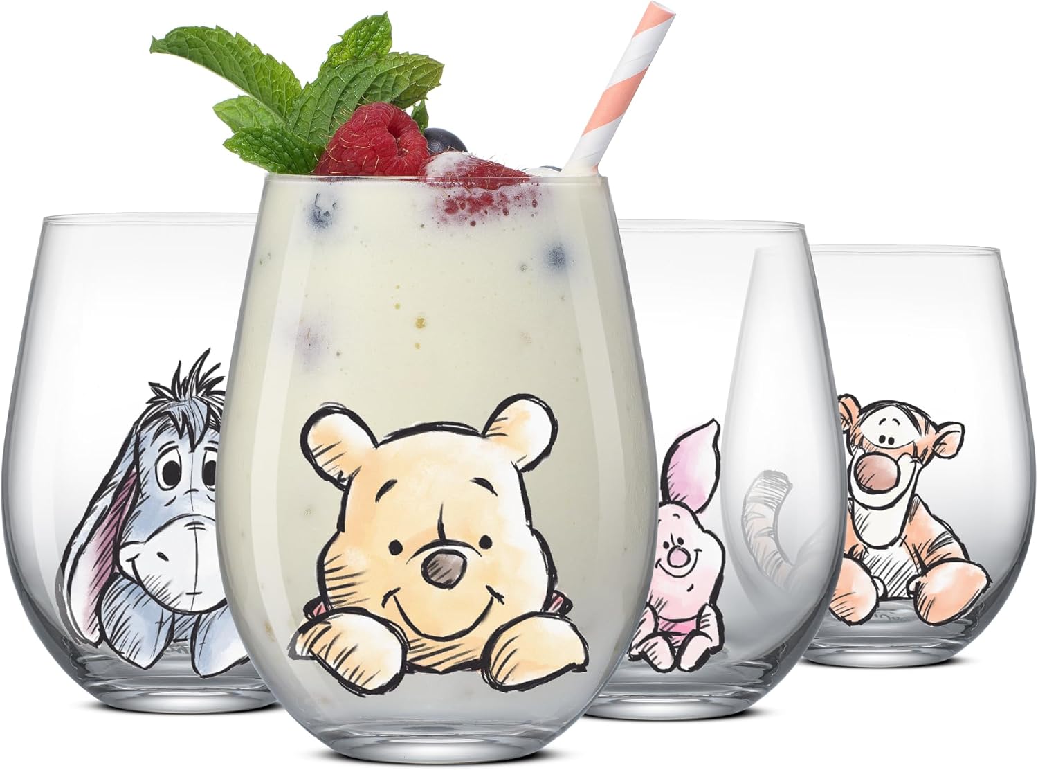 JoyJolt Disney Mickey Mouse Squad Collection Vasos Tumblers. Juego de 4 Copas de Vino sin Tallo de 15 onzas, Vasos sin Tallo para Beber. Artículos de regalo, Juego de Copas de Vino de Mickey Mouse