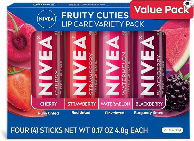 NIVEA Lip Care, Paquete Variado de Bálsamo Labial Tintado Frutal, Sabores a Cereza, Fresa, Mora y Sandía, Humedad, Reparación y Color 3-en-1, Barra de 0.17 Oz, Paquete de 4