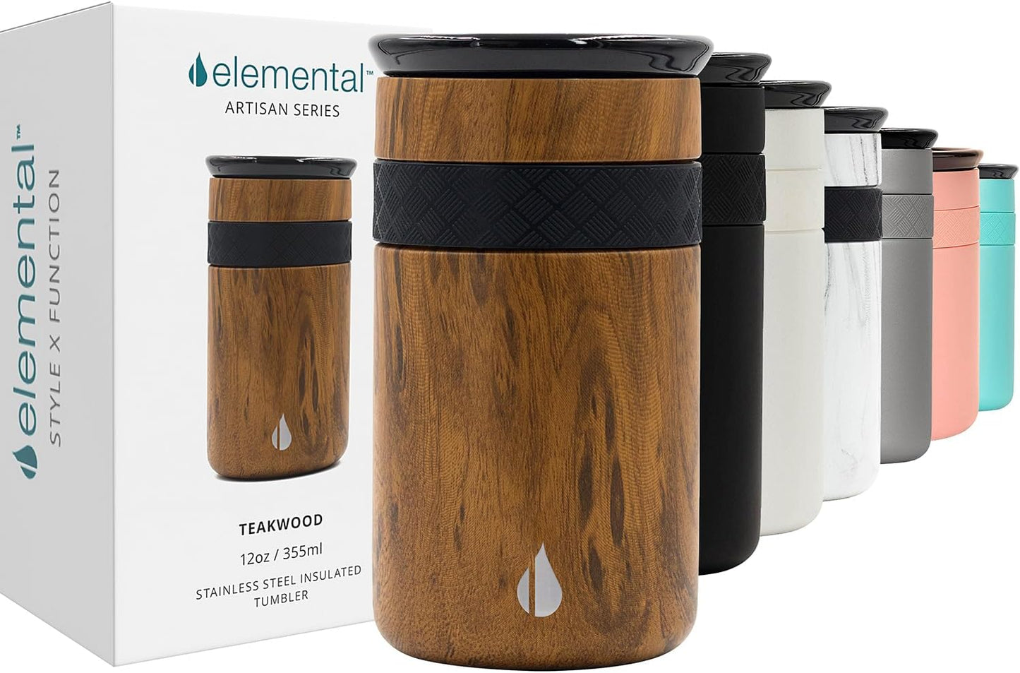 Elemental Vaso aislado artesanal, taza de viaje para café de triple pared, reutilizable, de acero inoxidable, con tapa de cerámica, tazas de café térmicas para bebidas calientes (6 horas) y frías (18 horas), 16 onzas, flores azules