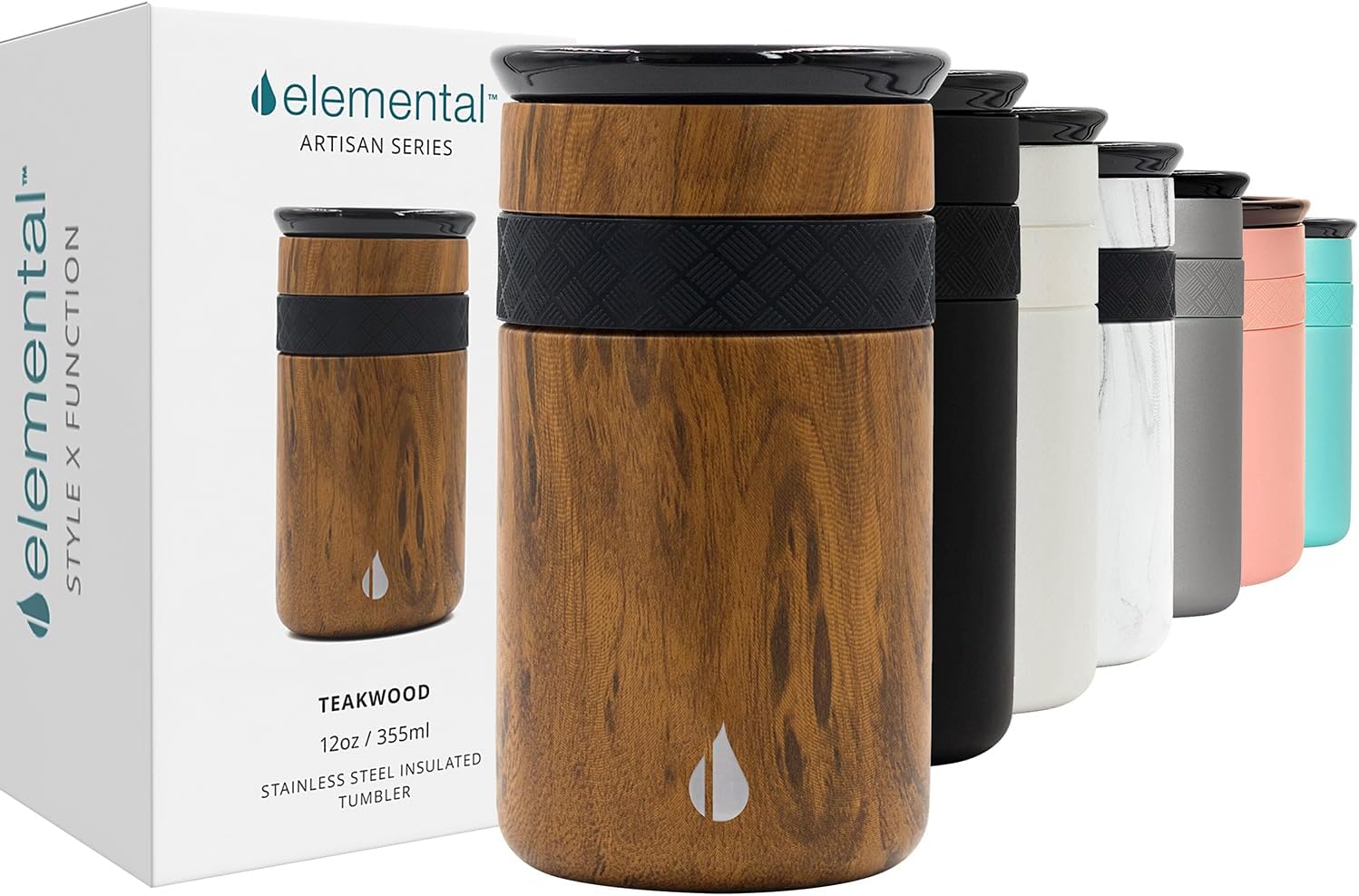 Elemental Vaso aislado artesanal, taza de viaje para café de triple pared, reutilizable, de acero inoxidable, con tapa de cerámica, tazas de café térmicas para bebidas calientes (6 horas) y frías (18 horas), 16 onzas, flores azules