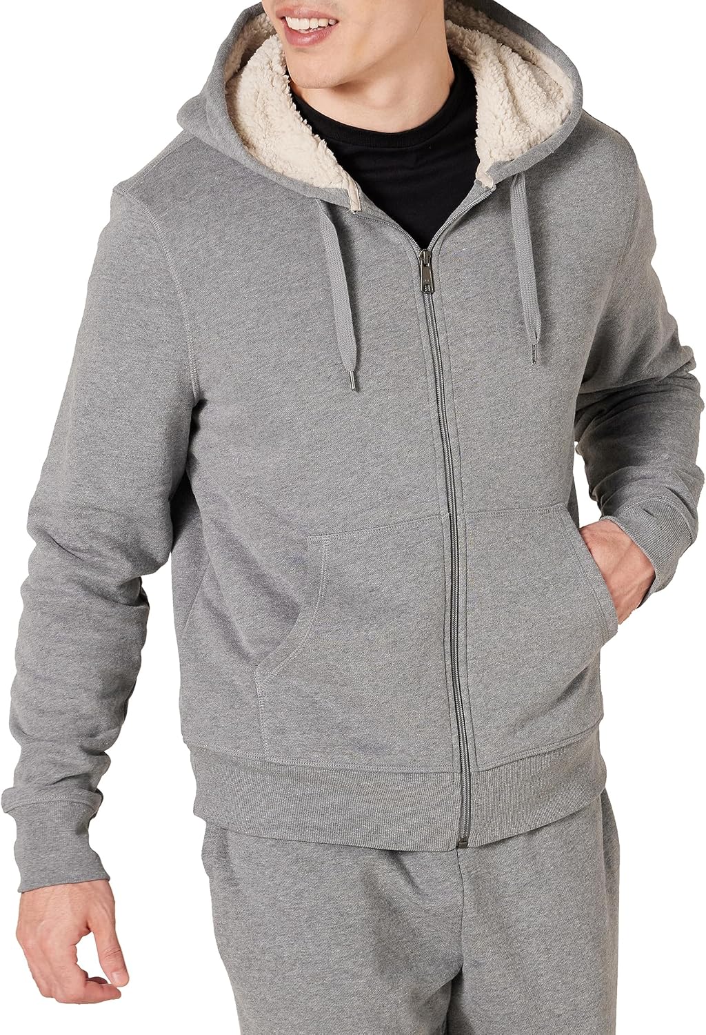 Essentials Sudadera con capucha para hombre, forro de sherpa y cierre completo de cremallera de felpa