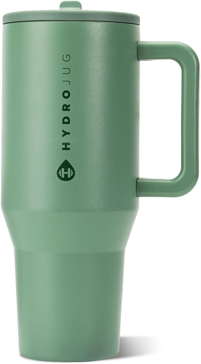 HydroJug Traveler - Botella de agua 32 oz con asa y pajilla abatible, apto para soporte para vasos, resistente a fugas, reutilizable, aislado, acero inoxidable y base de goma, unisex, rosado arena