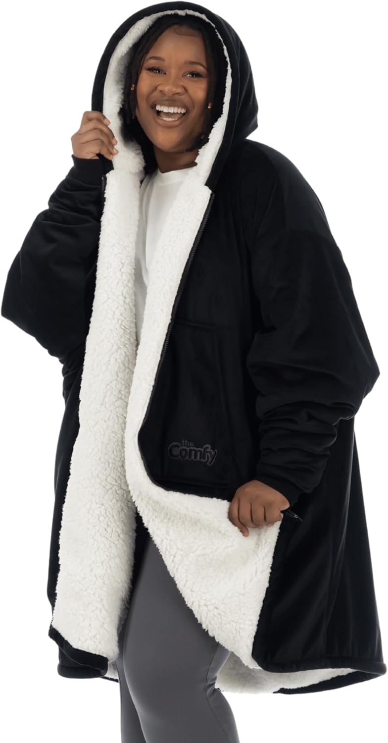 THE COMFY Original - Manta de forro polar de microfibra con forro sherpa, diseño de gran tamaño con capucha y bolsillo de Shark Tank