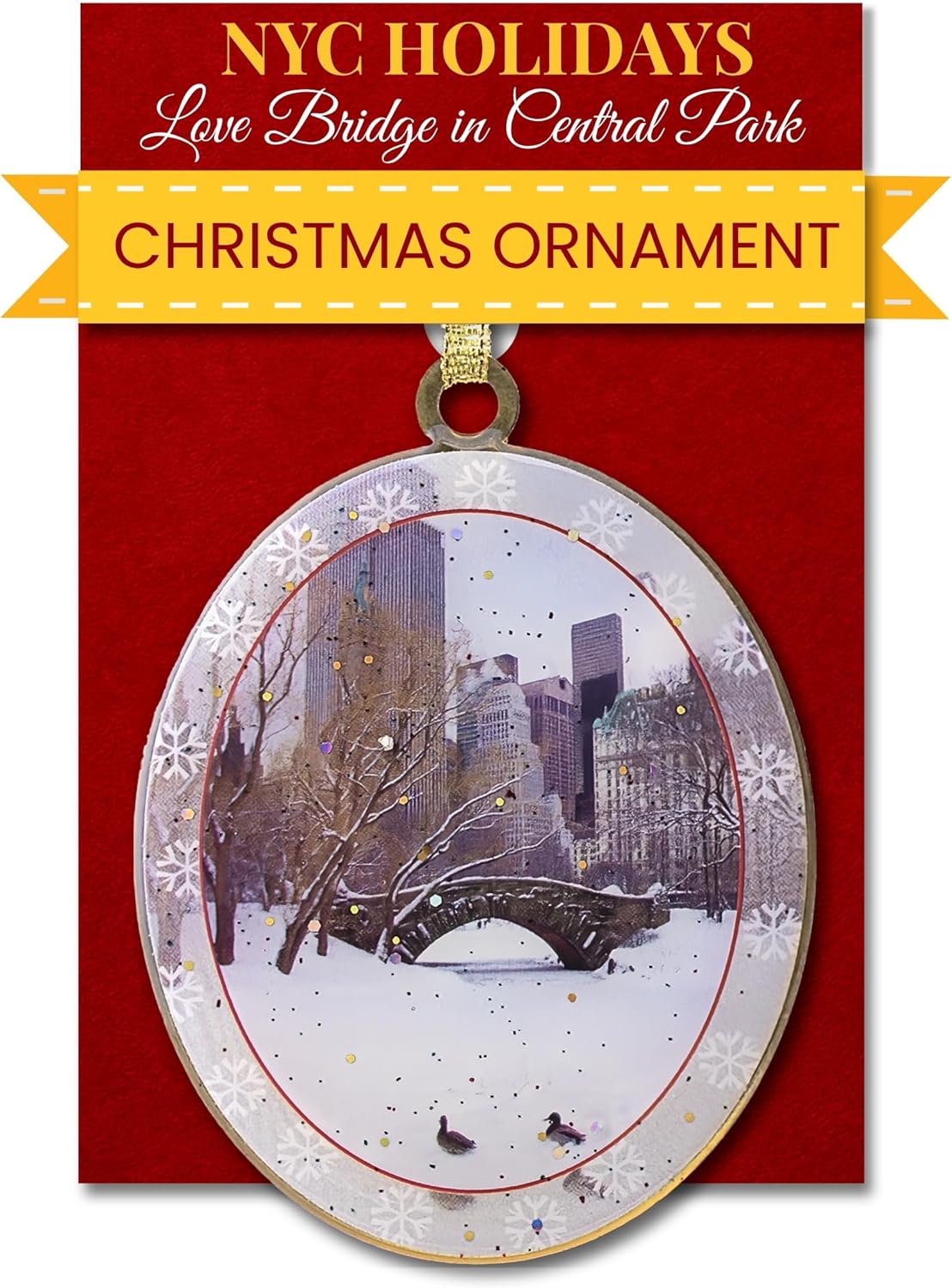 Adorno Love Bridge in Central Park Winter New York, coleccionable de Navidad de Nueva York, latón de doble cara con purpurina y epoxi, caja de regalo, 2.5 x 3 pulgadas por ArtMalore