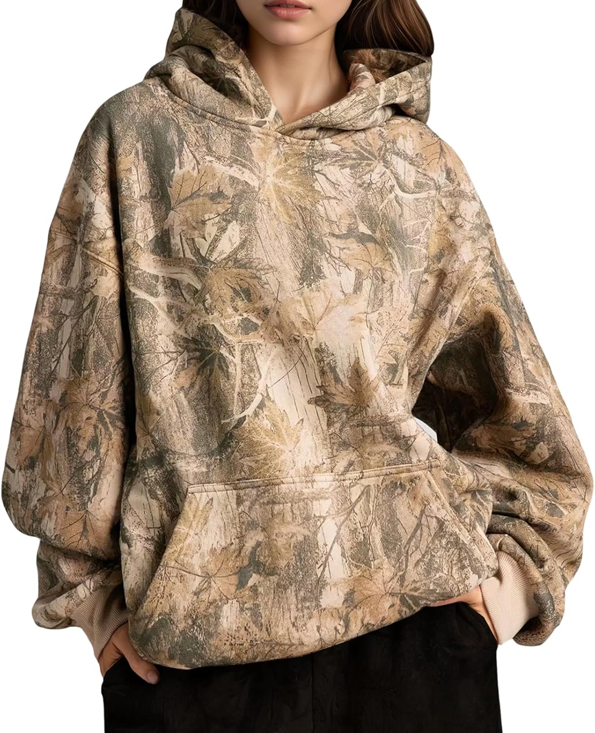 Anoumcy - Sudadera con capucha de camuflaje para mujer, con hoja de arce y forro de vellón, estilo holgado