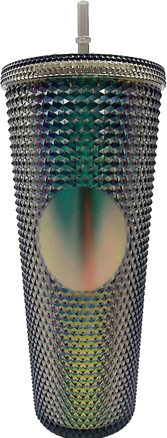 Vaso con Tachuelas con Pajita, Vasos con Tapas y Pajitas, Vaso Rosa con Pajita, Vaso Texturizado Sin BPA de Plástico de Doble Pared para Café Helado, Bebidas Frías o Agua 24 oz