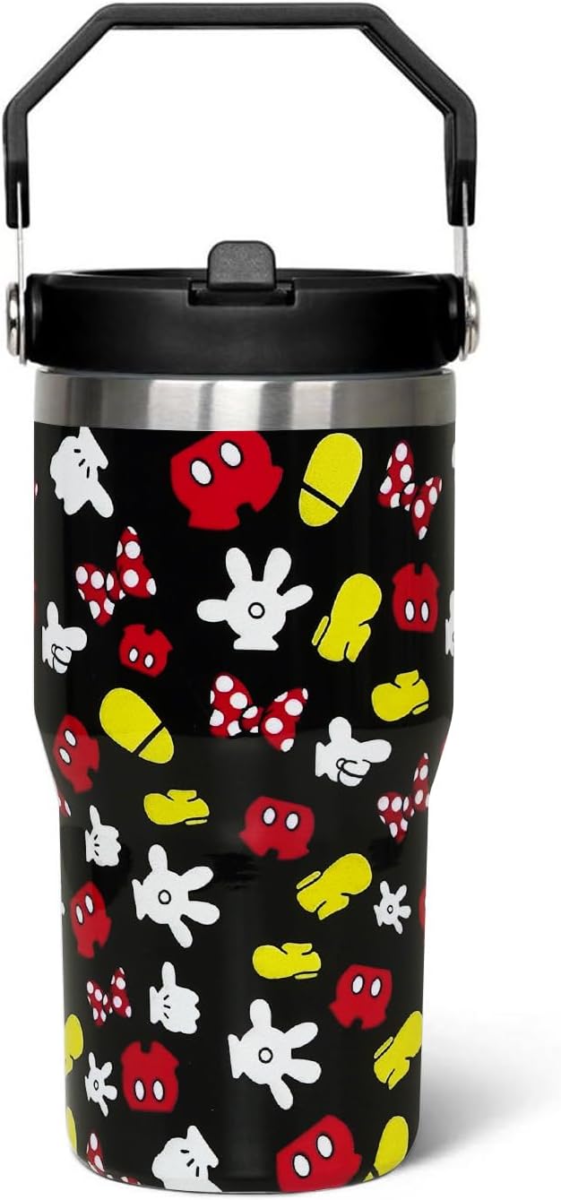 Taza de dibujos animados de ratón de 20 oz con tapa y popote abatible de acero inoxidable aislado con asa superior en la parte superior, color negro, taza de café para viajes - Regalo de