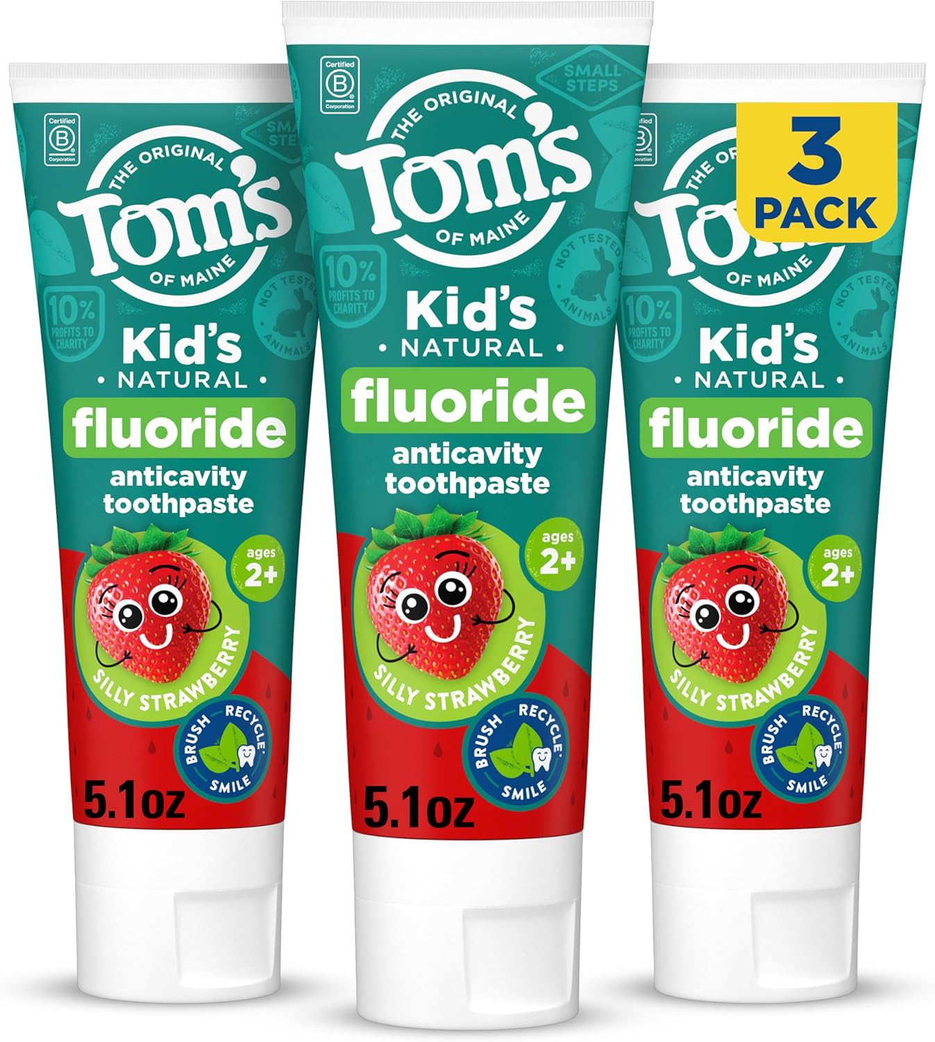Tom's of Maine Pasta dental con flúor aprobada por la ADA, pasta de dientes natural, sin tintes, sin conservantes artificiales, fresa tonta, 5.1 onzas, paquete de 3 (el embalaje puede variar)