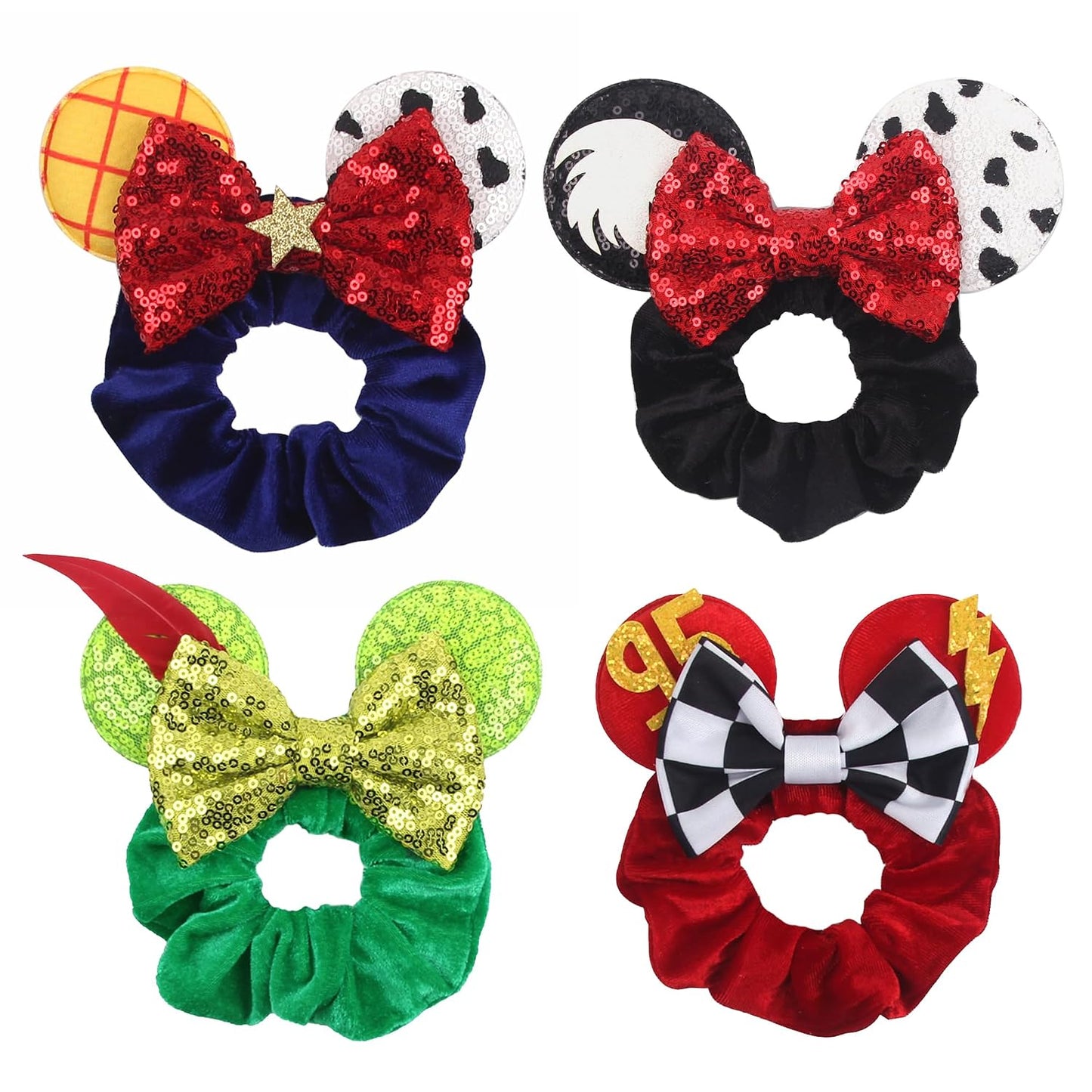 Coleteros de Cabello de Terciopelo con Lentejuelas Brillantes y Lazos de Orejas de Ratón - Paquete de 4 Accesorios Elásticos para el Cabello para Mujeres, Niñas, Niños, Cosplay, Vacaciones, Fotografía
