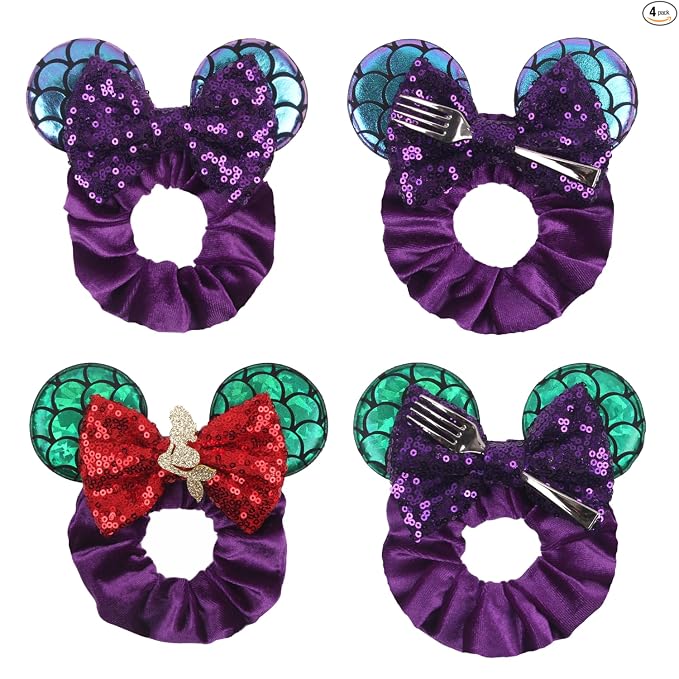 Coleteros de Cabello de Terciopelo con Lentejuelas Brillantes y Lazos de Orejas de Ratón - Paquete de 4 Accesorios Elásticos para el Cabello para Mujeres, Niñas, Niños, Cosplay, Vacaciones, Fotografía