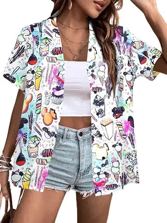 VILOVE Camisa mágica para mujer, camisas hawaianas mágicas de princesa, camiseta divertida con estampado de castillo, para vacaciones familiares, camisetas con botones