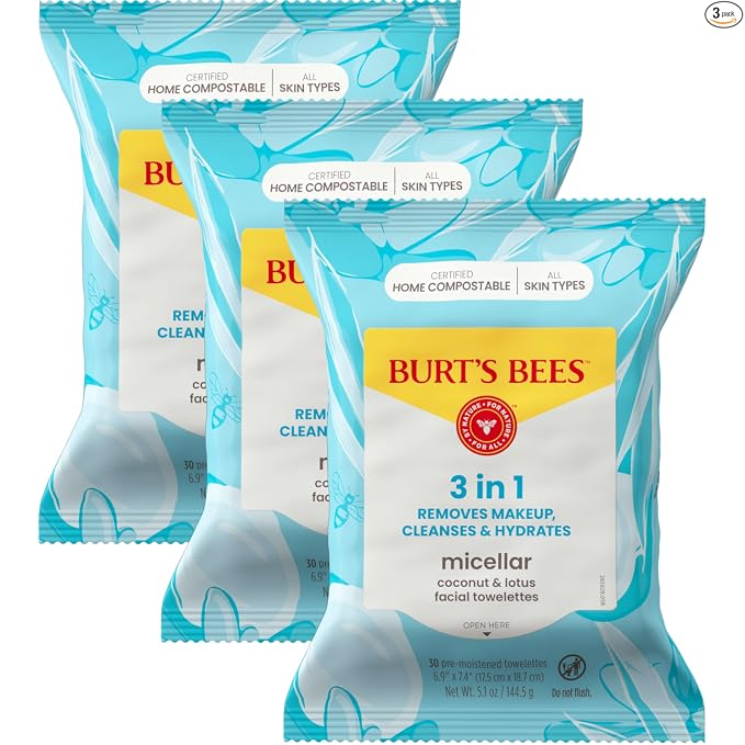 Burts Bees - Toallas faciales micelar de agua de rosas, 100% tela a base de plantas; 99% origen natural; quita el maquillaje, limpia, hidrata; sin residuos grasos y grasos; todo tipo de piel; 30 unidades, paquete de 3 (paquete puede variar)