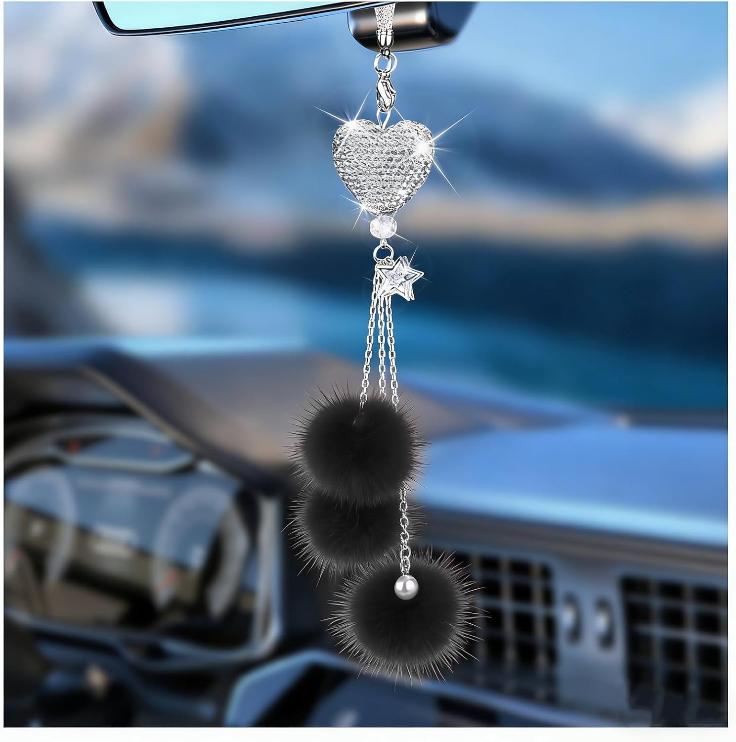 Adorno brillante para colgar en el automóvil, accesorios de espejo de automóvil para mujer, corazón de diamante y bola de felpa mullida, accesorios de automóvil para colgar, colgante para espejo