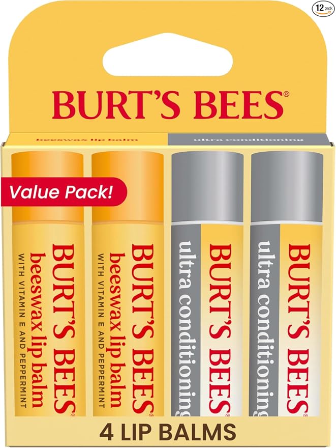 Burt's Bees Bálsamo labial, cuidado de labios hidratante, 100% de origen natural, ultra acondicionador con karité, cacao y manteca de kokum, 0.15 onzas, cuatro tubos