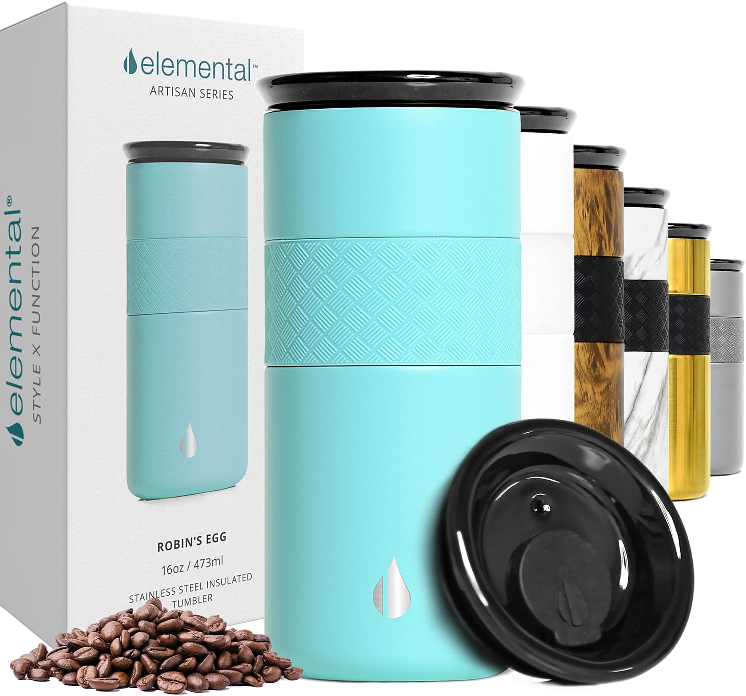 Elemental Vaso aislado artesanal, taza de viaje para café de triple pared, reutilizable, de acero inoxidable, con tapa de cerámica, tazas de café térmicas para bebidas calientes (6 horas) y frías (18 horas), 16 onzas, flores azules