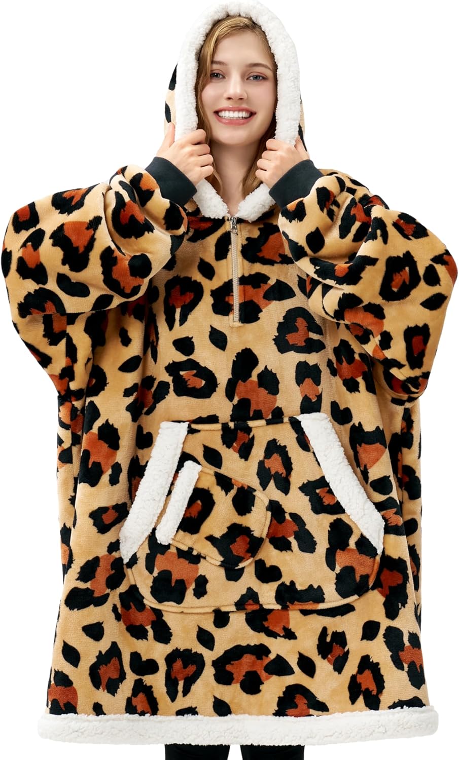 Giggling Getup Manta con capucha para adultos, regalos para adolescentes, niñas, hermanas, mujeres, forro polar sherpa, sudadera con capucha, cálida y acogedora con bolsillo y mangas, color beige gato