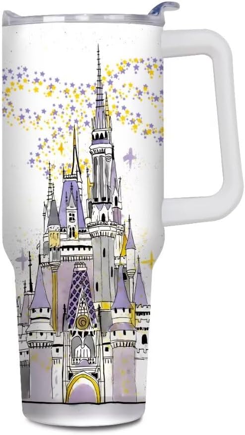 Castle - Vaso de 40 onzas con tapas y pajitas, vaso aislado de acero inoxidable, taza de viaje con fuegos artificiales, regalos para mujeres