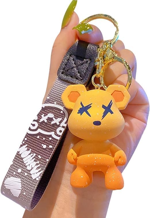 [LeChengMM] Men Women Keychain,Cute Bright Color Bear Keychain,Idea Braided Rope Resin Animal Pendant,Metal Keychain