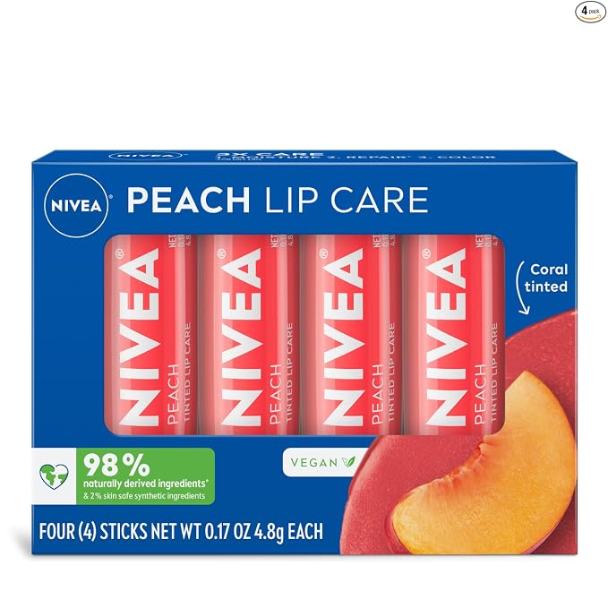 NIVEA Lip Care, Paquete Variado de Bálsamo Labial Tintado Frutal, Sabores a Cereza, Fresa, Mora y Sandía, Humedad, Reparación y Color 3-en-1, Barra de 0.17 Oz, Paquete de 4