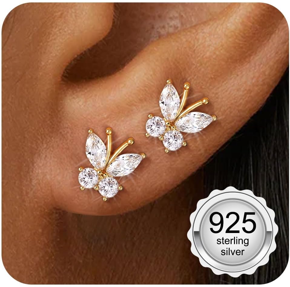 Adramata 925 Sterling Silver Earrings Women Girl Small Earrings Cubic Zirconia Hypoallergenic Piercing Ear Helix Tragus Earring Women Silver/Gold