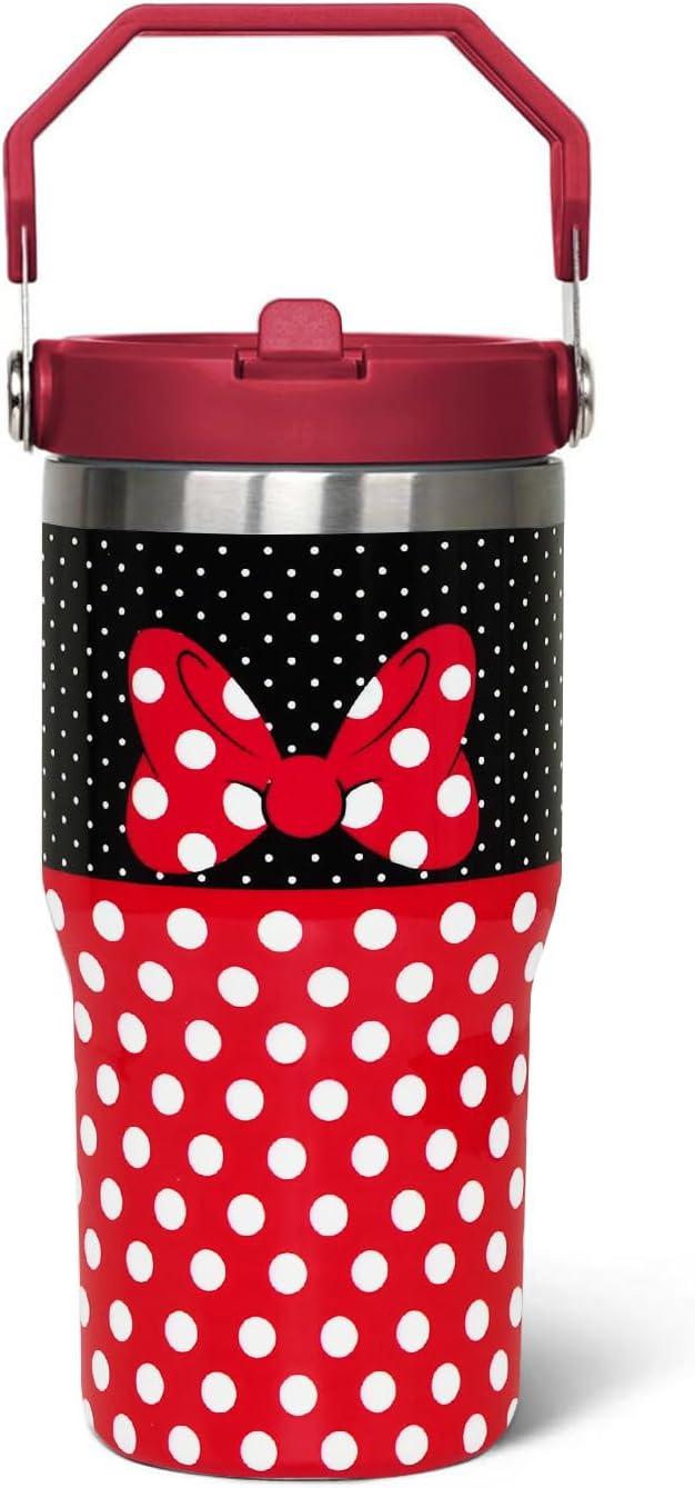 Taza de dibujos animados de ratón de 20 oz con tapa y popote abatible de acero inoxidable aislado con asa superior en la parte superior, color negro, taza de café para viajes - Regalo de
