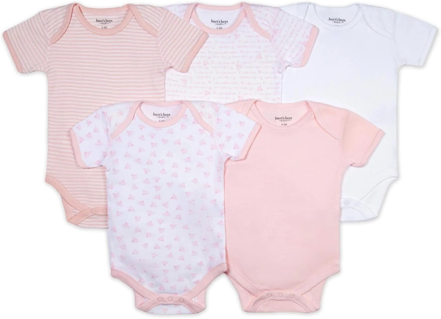 Burt's Bees Baby Body unisex, ropa de dormir orgánica de manga corta, paquete de 5 | Essential baby bodysuit pack featuring an easy-on and off lap-shoulder neck design for stress-free daily outfitting