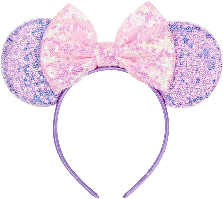 Eisyaa Diadema de orejas de ratón, orejas de ratón rosas con lentejuelas para mujeres y niñas, diadema de lazo brillante para decoración de fiesta de disfraces de cosplay