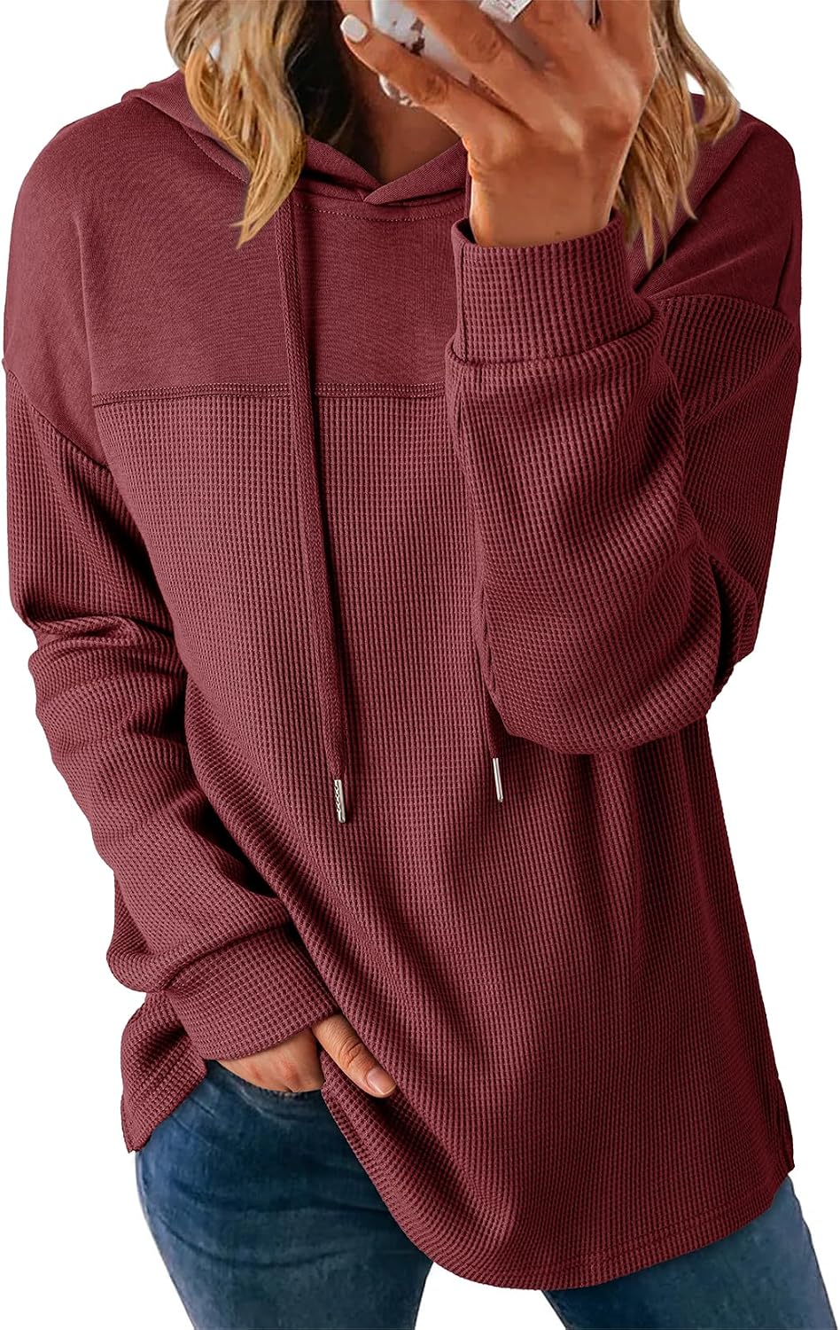 Dokotoo Sudaderas con capucha para mujer, de punto gofre, manga larga, con cordón, ligeras, con capucha