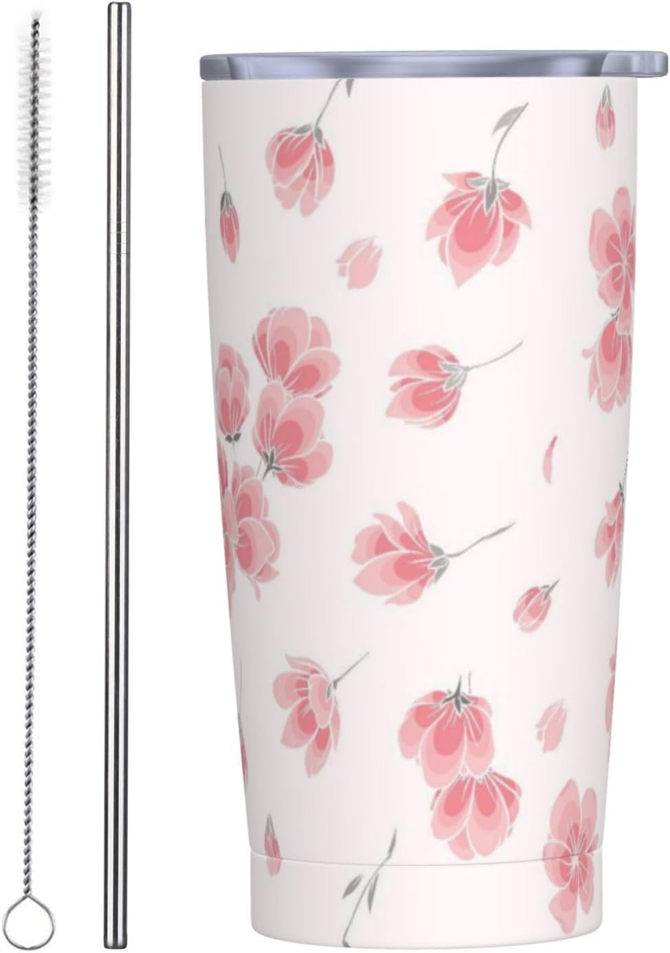 Vaso de 20 onzas con tapa y popote para mujer, diseño floral retro, con aislamiento, diseño floral retro, diseño de flores moradas, de acero inoxidable, taza de viaje al vacío de doble pared