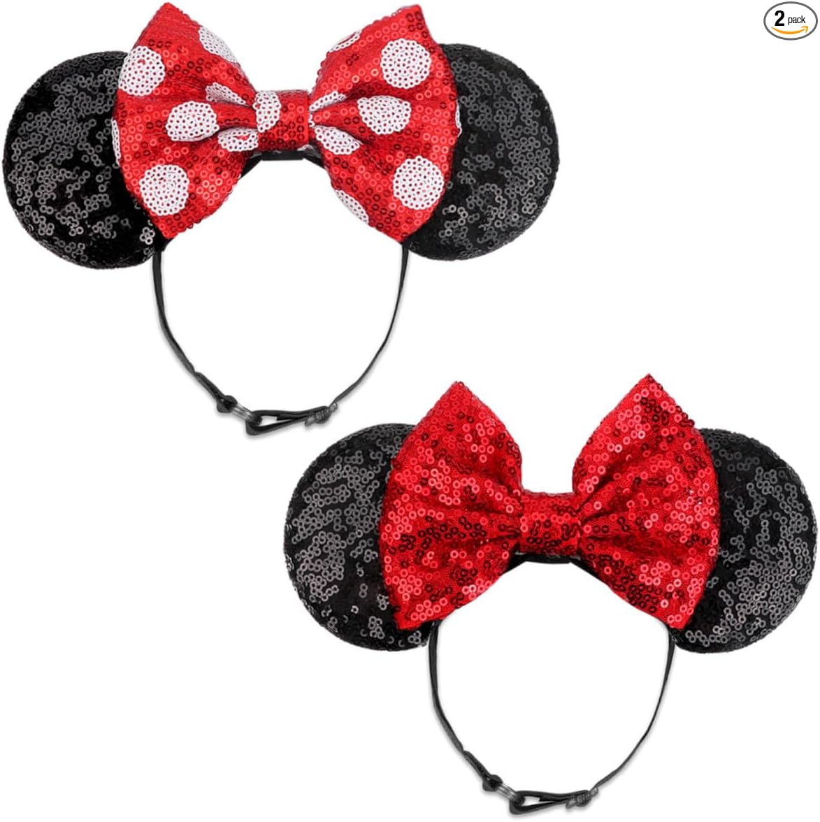 DRESHOW Minnie Ears Headbands Mouse Ears Sequins Bow Headbands Adjustable Elastic Headband Sequins Party Decoration Costume Cosplay for Women