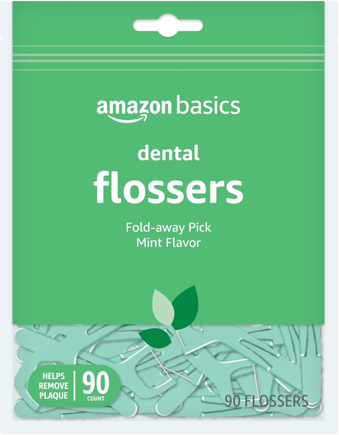 Basics Mint Dental Flossers, Shred Resistant, Slides Easily Between Teeth, with Fold-Away Pick, 90 Count, 1-Pack (Previously Solimo)