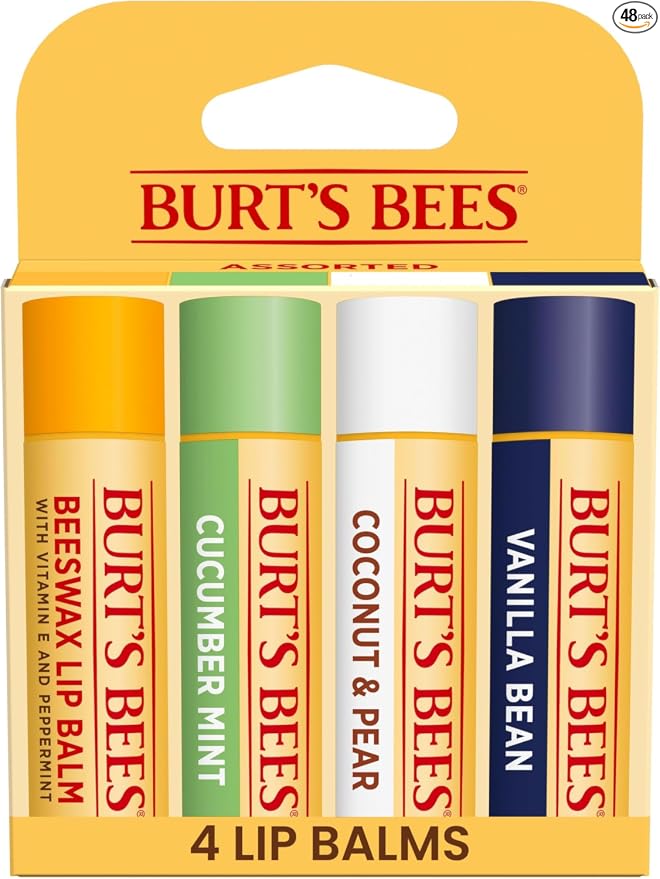 Burt's Bees - Bálsamo labial, protector labial hidratante, para hidratación durante todo el día, 100 % natural, Tropical, piña, bayas con agua fresca, fruta del dragón y coco y pera (paquete de 4)