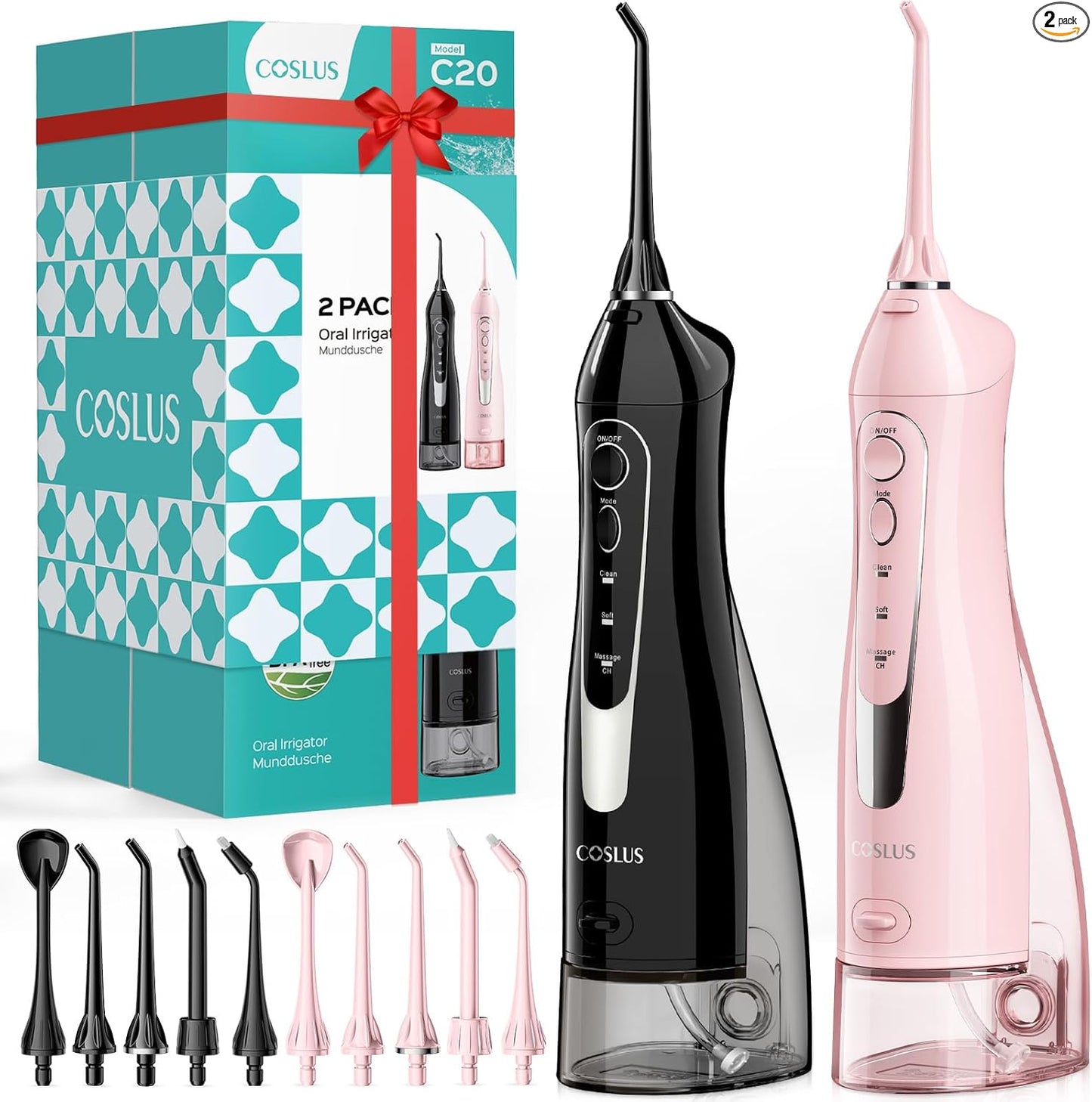 COSLUS ADA Accepted Water Dental Flosser Teeth Pick C20: Portable Cordless Oral Irrigator 300ML Rechargeable Travel Irrigation Cleaner IPX7 Waterproof Electric Flossing Machine, Professional Set Black