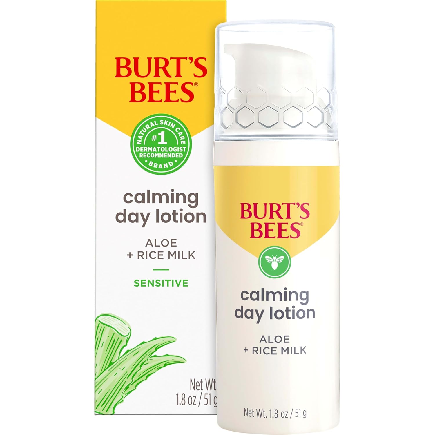 Burt's Bees - Loción facial calmante de día con aloe y leche de arroz, loción facial calmante para piel sensible, 98.9 por ciento de origen natural para el cuidado de la piel, botella de 1.8 oz. 52.6
