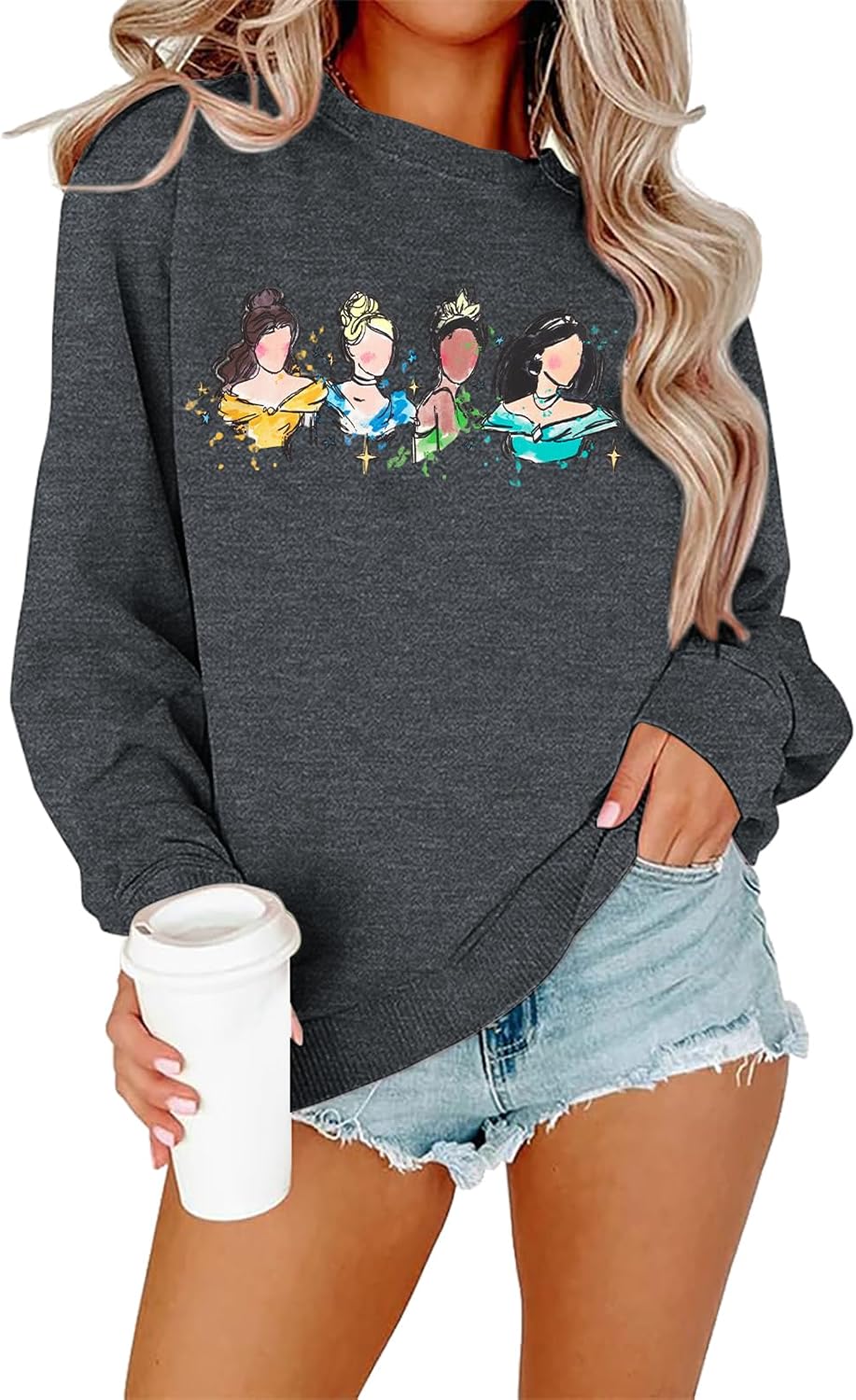 BANGELY Sudadera mágica para mujer, lindo suéter de princesa mágica bordado, camisa de vacaciones para la familia, camiseta casual de manga larga