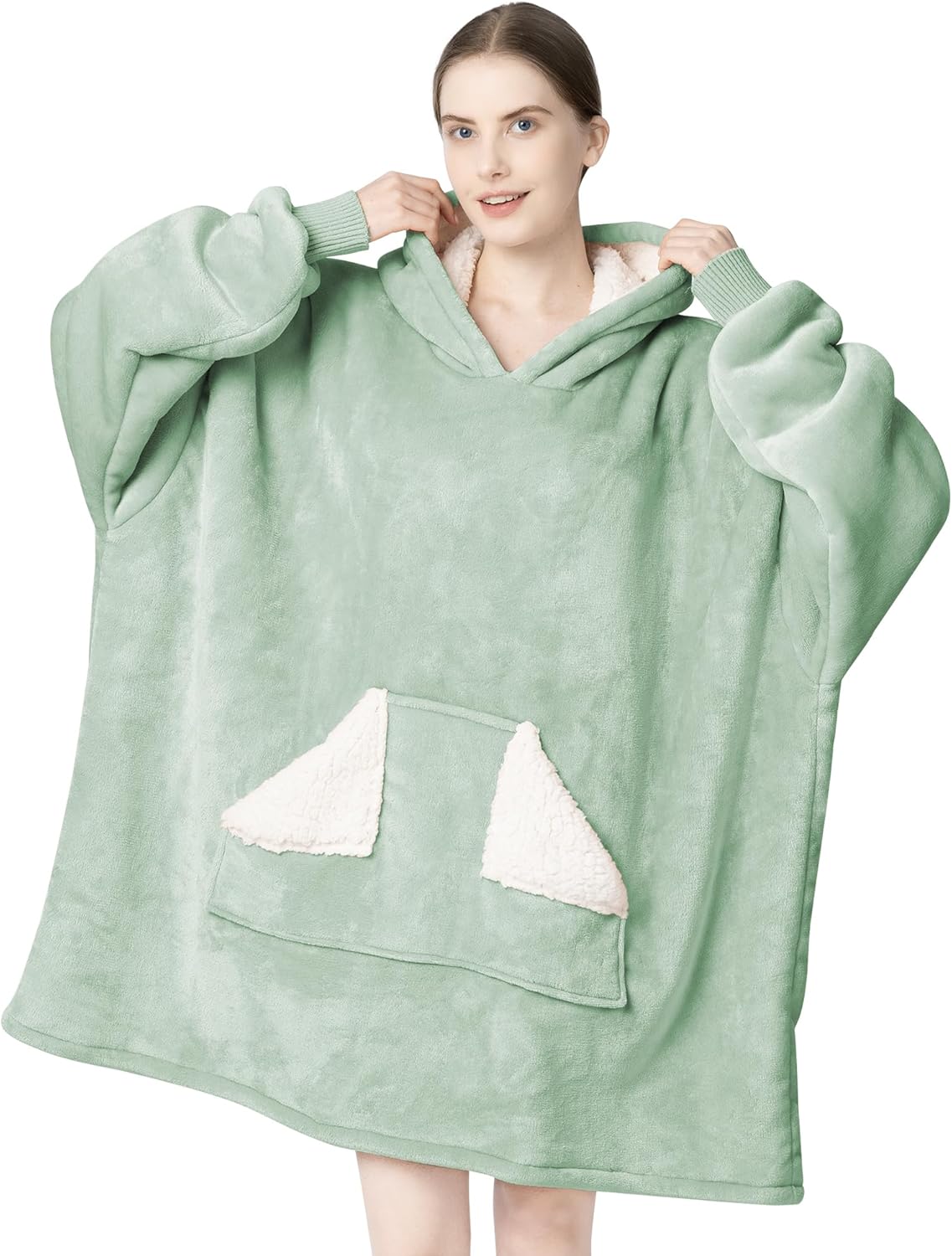 Touchat - Manta con capucha portátil, sudadera con capucha de forro polar sherpa de gran tamaño con bolsillo gigante y mangas para adulto, regalo de manta gris cálida y acogedora para mujeres