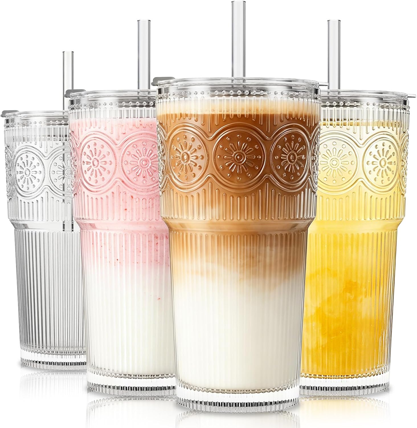 SoulTimes Juego de 2 vasos de vidrio acanalados y florales de 20 onzas, vasos de vidrio reutilizables con tapa y popote de vidrio, tazas de café helado para agua, batido, leche, cóctel y más, perfecto