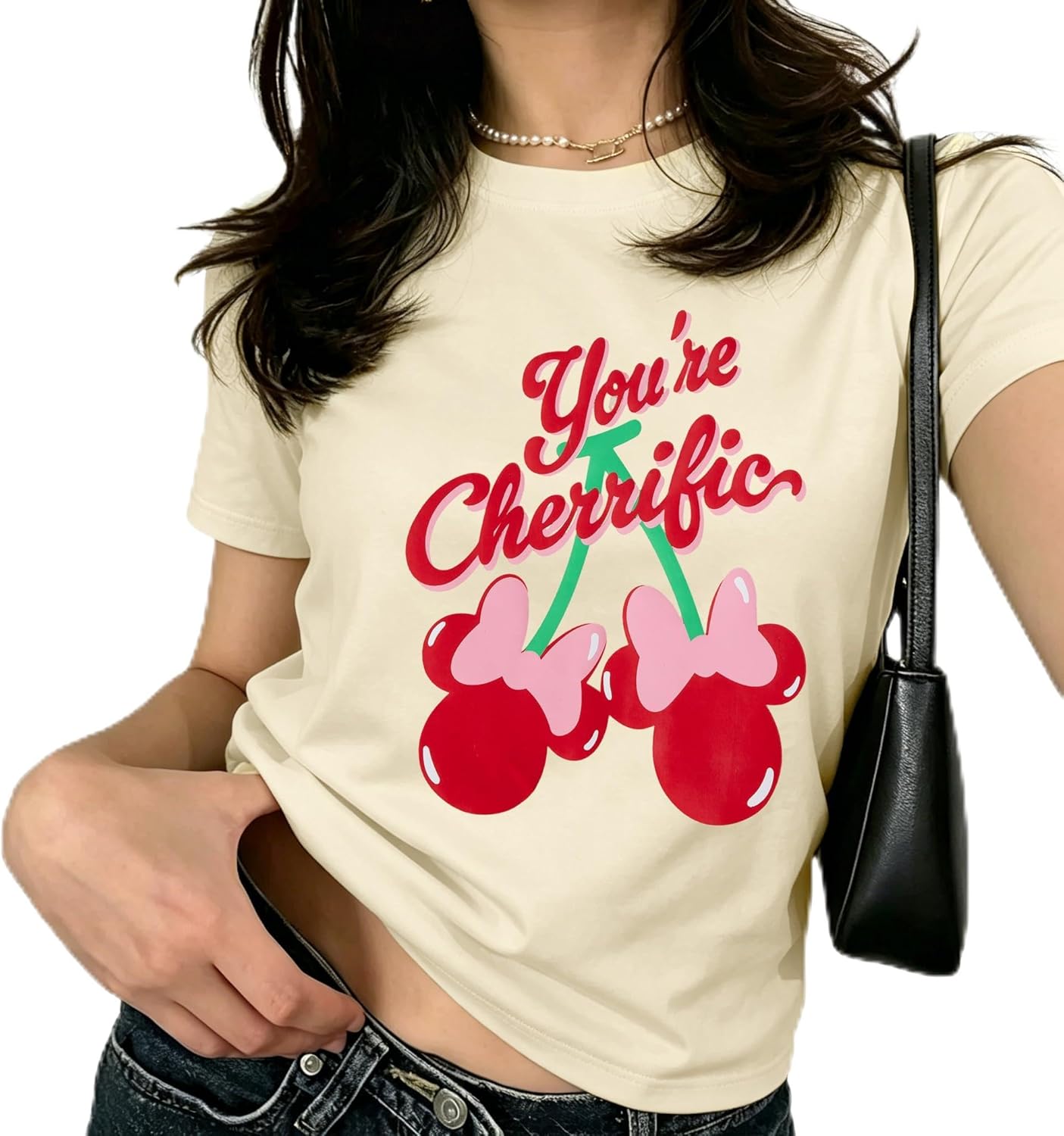 Camiseta con Lazo de Cerezas Rosa para Mujer: Blusas Coquette, Camisetas Estéticas de Chica Limpia, Camisetas Casuales de Verano de Manga Corta
