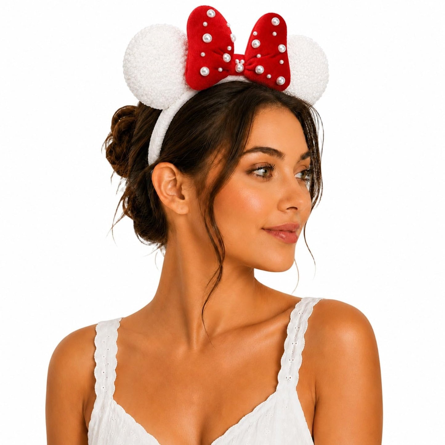 Diadema de terciopelo 3D con orejas de ratón con cuentas de perlas, lazo rojo con lentejuelas, diadema de fiesta en el parque para mujeres y niñas