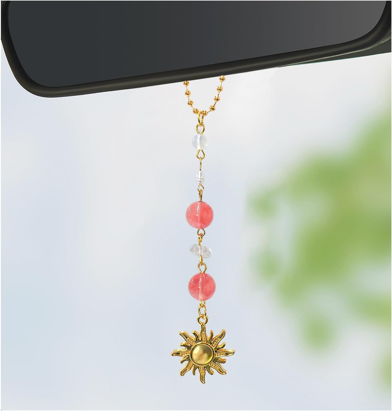 Sun Hanging Car Charm, Cute Boho Dangling Auto Rear View Mirror Pendant Sun Decor, Handmade Vehicle Mirror Hanging Ornament with Healing Crystals Stones for Women Men (Green)