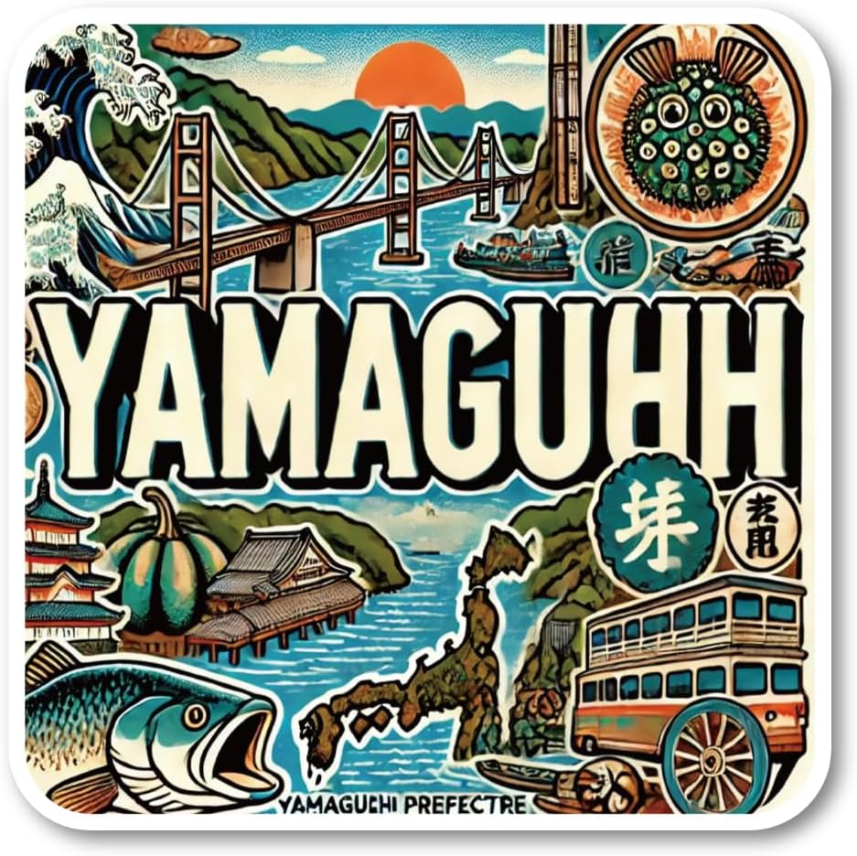 Shikoku Region China, Local Sticker Designed to depict Birdcastle, Shimane, Okayama, Hiroshima, Yamaguchi, Kagawa, Tokushima, Ehime, and Kochi. Ideal for Travel and Tourism Souvenirs, Suitcases, Laptops, Water Bottles